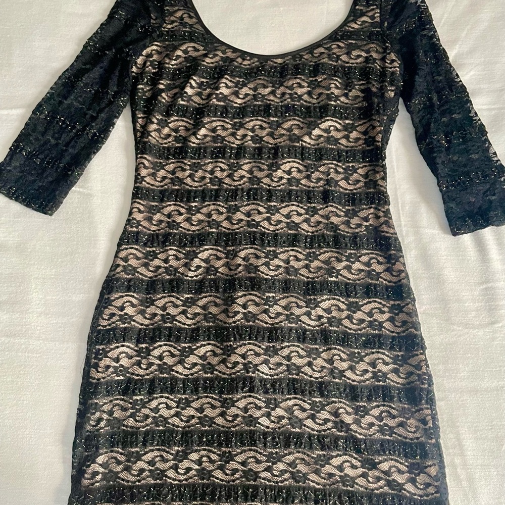Guess Black and Cream Lace Long Sleeve Dress, Size 8